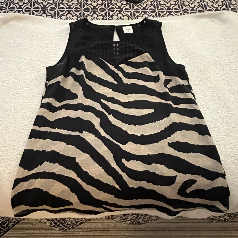 Cabi Black Tan Tivoli Zebra Print Sleeveless Blouse Tank